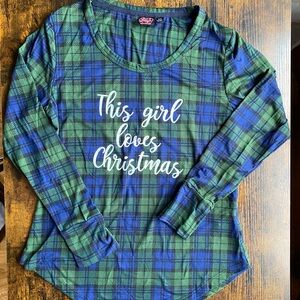 Women’s Small Christmas Holiday Pajama Top Green, Blue Plaid, Santa’s Treasures
